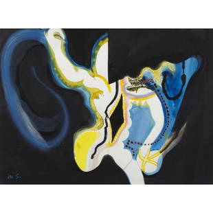 Painting, William Scharf: William Scharf (American, b. 1927), "Eclipse of the Etruscan," 1967, acrylic on paper, unsigned, titled and dated verso, sight: 12"h x 17"w, overall (with frame): 19"h x 25"w