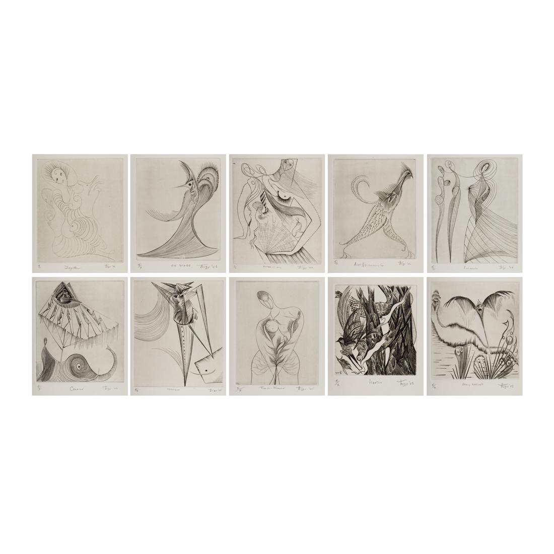 Print Portfolio, Ian Hugo: Ian Hugo (American, 1898-1984), "Ten Engravings," 1979, complete portfolio of ten (10) engravings, each signed, titled, and dated, each print edition II/X, signed in pencil on justification page, port