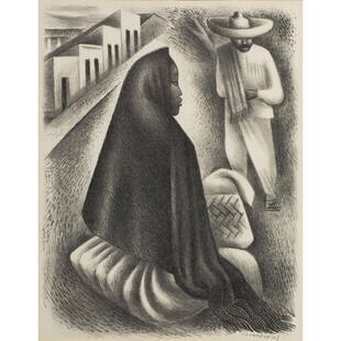 Print, Miguel Covarrubias: Miguel Covarrubias (Mexican, 1904-1957), "Mexican Street Scene," 1940, lithograph, pencil signed lower right, edition of 150, image: 12.5"h x 9.75"w, overall (with frame): 20.75"h x 16.75"w