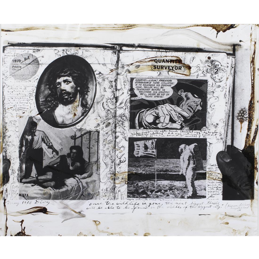 Unique photograph/collage, Peter Beard: Peter Beard (American, 1938-2020), "May 1970 Diary (Once the Wildlife is Gone)," 1970, unique gelatin silver print with smeared ink, blood and feather, inscribed in ink lower center/right, titled and