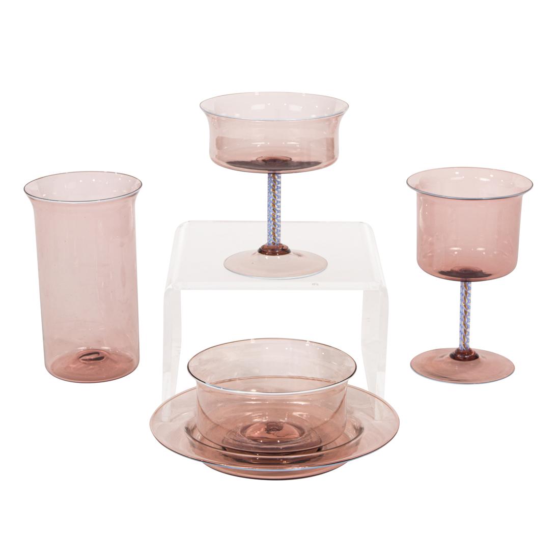 Murano, possibly Fratelli Toso, Suite of Stemware: Murano, possibly Fratelli Toso, Suite of Stemware Italy, 1930s, amethyst, white, blue and aventurine filigrana glass, comprising (14) tall glasses, 5.5"h; (11) wine goblets, 5.5"h; (19) coup, 4.25"h; 