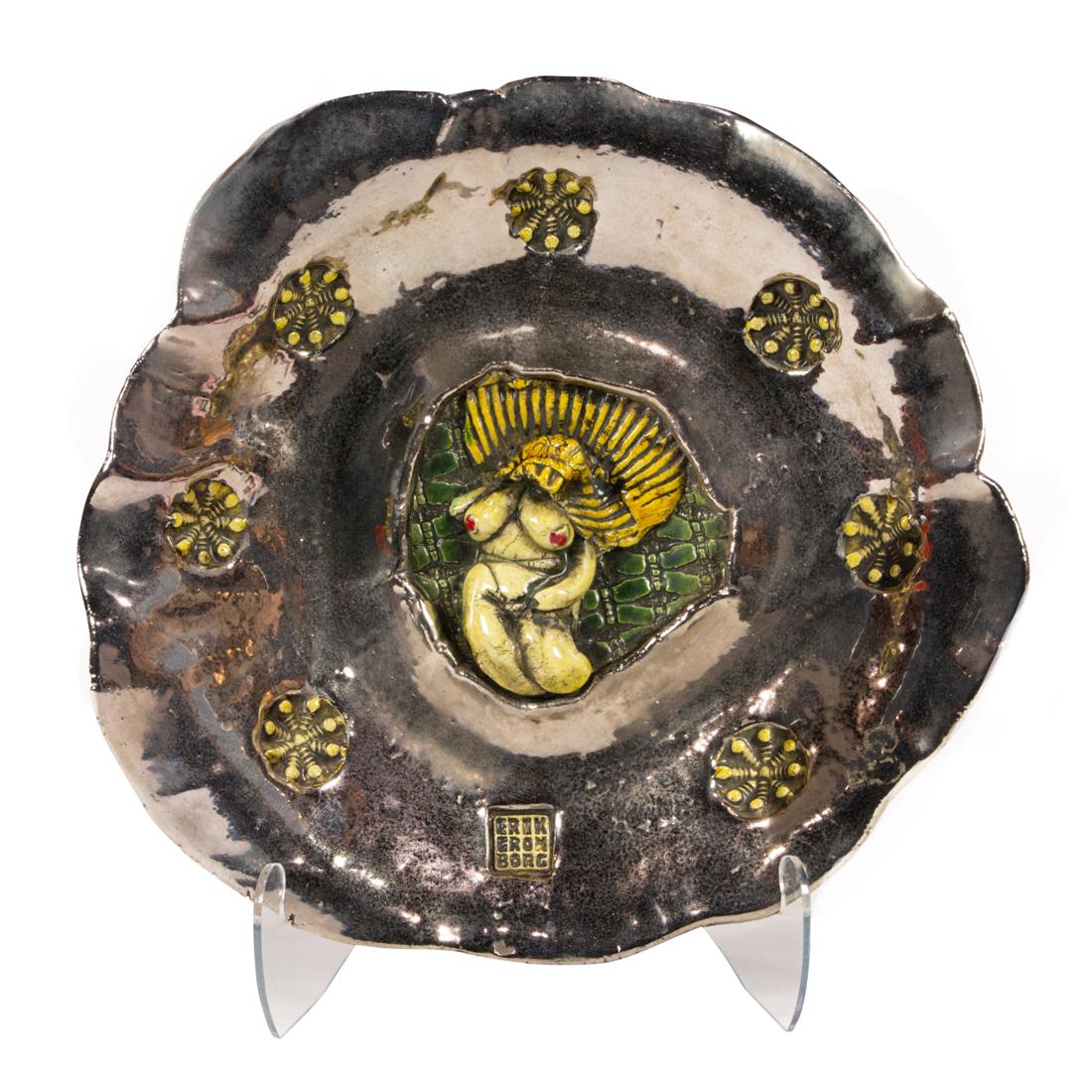 Erik Gronborg, Charger: Erik Gronborg, ChargerCalifornia, USA, hand-built glazed, raku fired earthenware, with female nude figure, 11.5"dia.