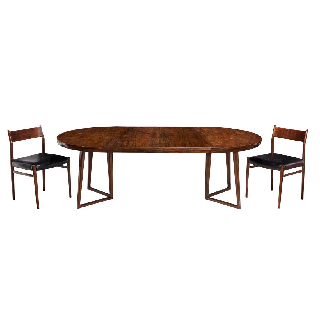 George Tanier, Dining Table, and Arne Vodder, Chairs (pair), Three: George Tanier, Dining Table, and Arne Vodder, Chairs (pair), ThreeSibast, Denmark, 1950s, rosewood, the table with two 19.5"l leaves: 28"h x 66.5"w x 47"d (with one leaf), the chairs,1960s: 31"h
