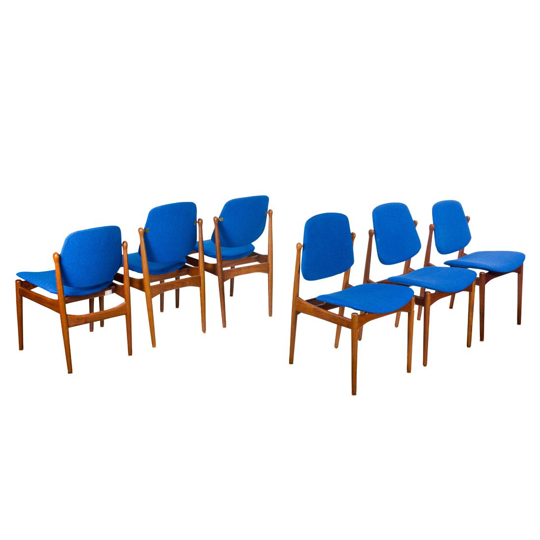 Arne Vodder, Dining Chairs, Six: Arne Vodder, Dining Chairs, SixFrance and Daverkosen, Denmark, 1960s, teak, upholstery, with manufacturer's plaque, (4) 34"h, (2) 31.5"h