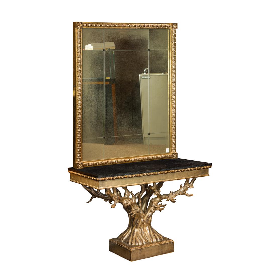 Michael Taylor, Console Table and Mirror: Michael Taylor, Console Table and MirrorUSA, silver giltwood, marble, and having an Italian mirror plate, table: 34"h x 50"w x 22"d, mirror: 60"h x 42"w