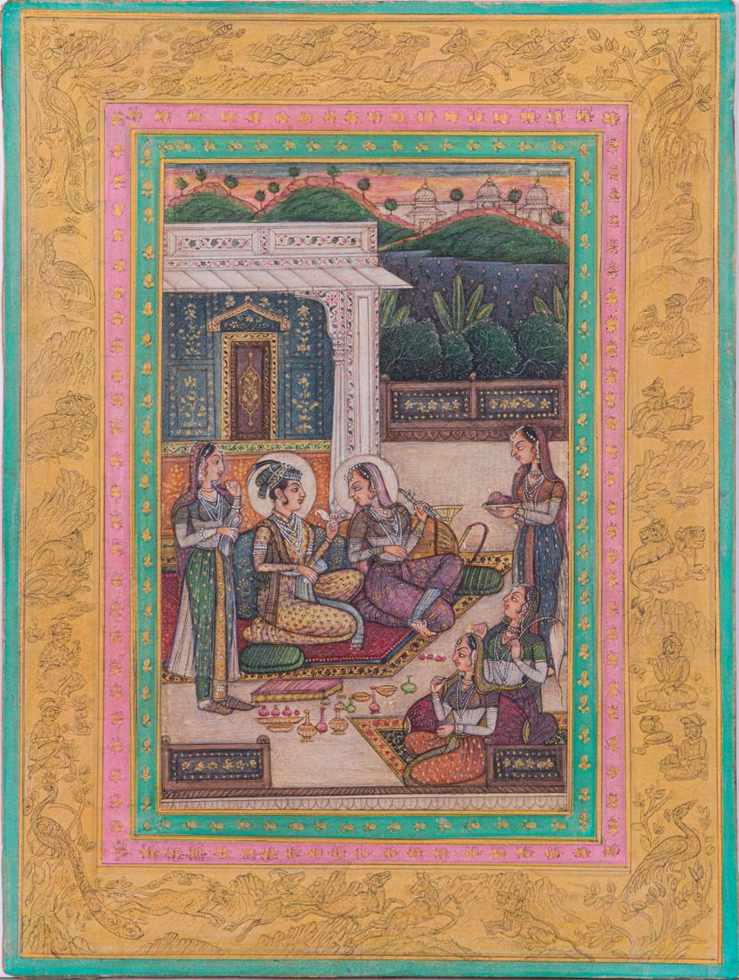 Mughal school, Prince Aqba with his Queen seated in courtyard setting (1 of 2)