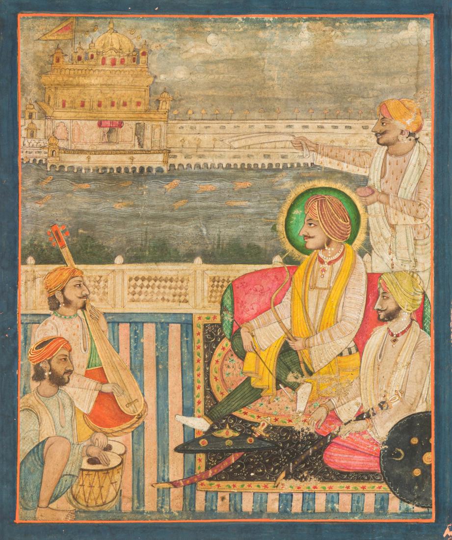 Sikh School miniature painting of Prince, musicians and the Golden Temple (1 of 4)