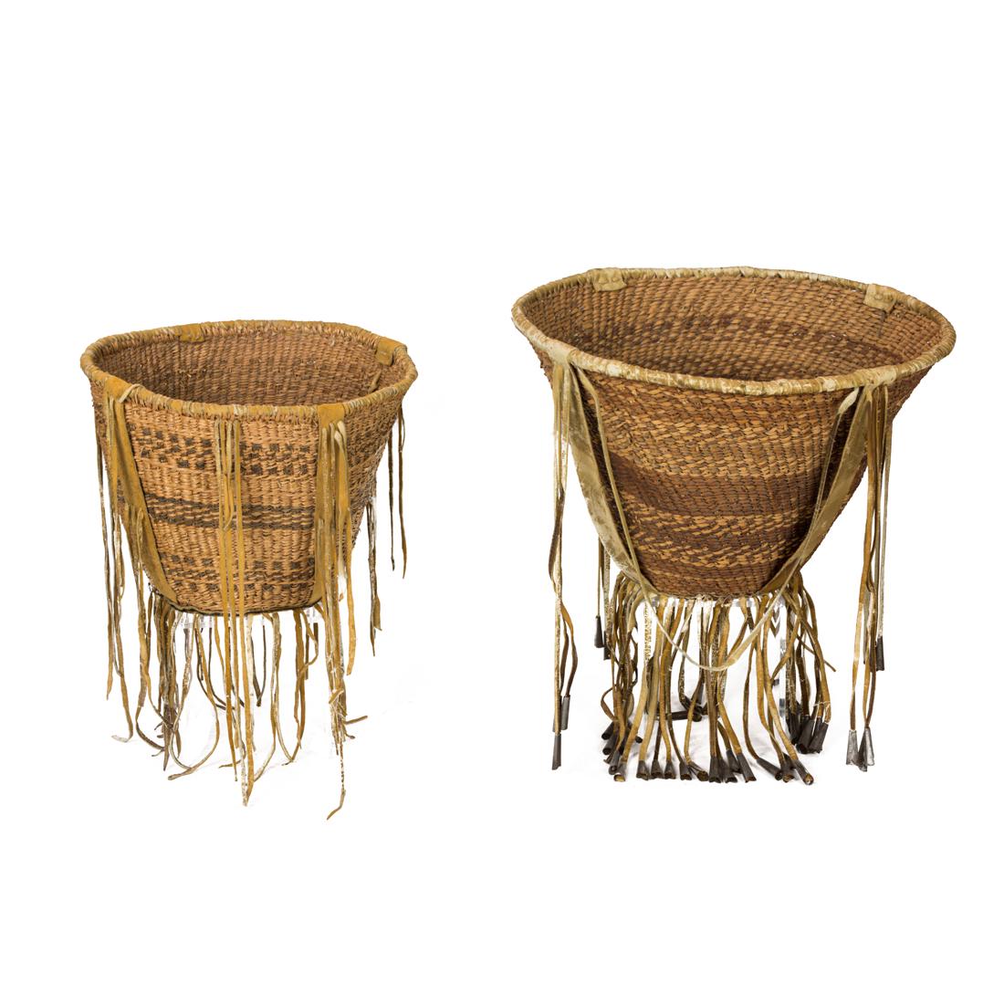 Two Apache Burden Baskets, Each With Flaring Sides, Mounted With Fringe