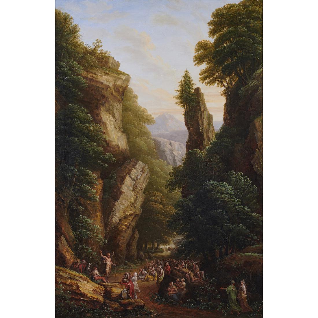 Painting, Attributed to Giovanni Battista Cipriani: Attributed to Giovanni Battista Cipriani (Italian, 1727-1785), Landscape with St. John Preaching, oil on canvas, unsigned, canvas: 43.25"h x 29.25"w, overall (with framed): 50"h x 36"w. Provenance: We