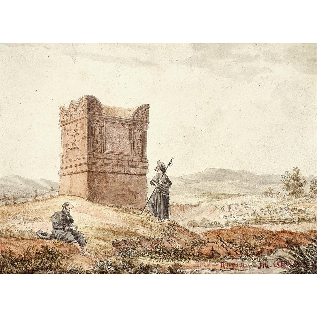 Attributed to Jean-Leon Gerome: Attributed to Jean-Leon Gerome (French, 1824-1904), Monks and Ruins, watercolor, signed lower right, sight: 4.5"h x 6.5"w, overall (with frame): 11"h x 13"w. Gerome was a practitioner of Academicism,