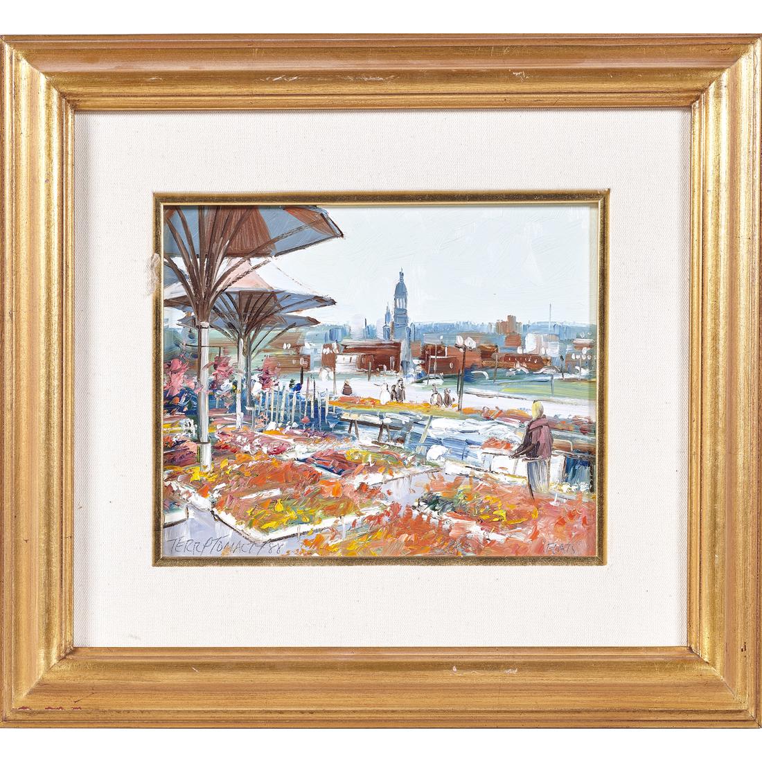 Painting, Terry Tomalty: Terry Tomalty (Canadian, b. 1935), "Atwater Market," 1988, oil on masonite, signed and dated lower left, overall (with frame): 15.5"h x 16.75"w. Tomalty was born in Montreal and is known for street an