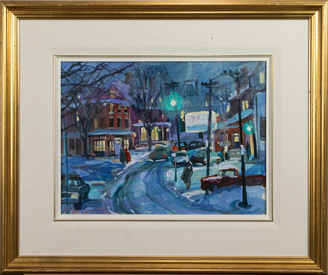 Painting, Ingrid Harrison: Ingrid Harrison (Canadian, b. 1935), "Country Village II," acrylic on canvas, signed lower left, titled verso, overall (with frame): 21"h x 25"w. Harrison is known for cityscapes depicting Montreal. C