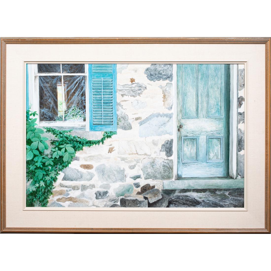 Painting, Robert Peachy: Robert Peachy (Canadian, 20th century), Stone Wall of Cottage, 1989, acrylic on masonite, unsigned, overall (with frame): 32"h x 44.5"w Condition Detailed condition reports are not included in this ca