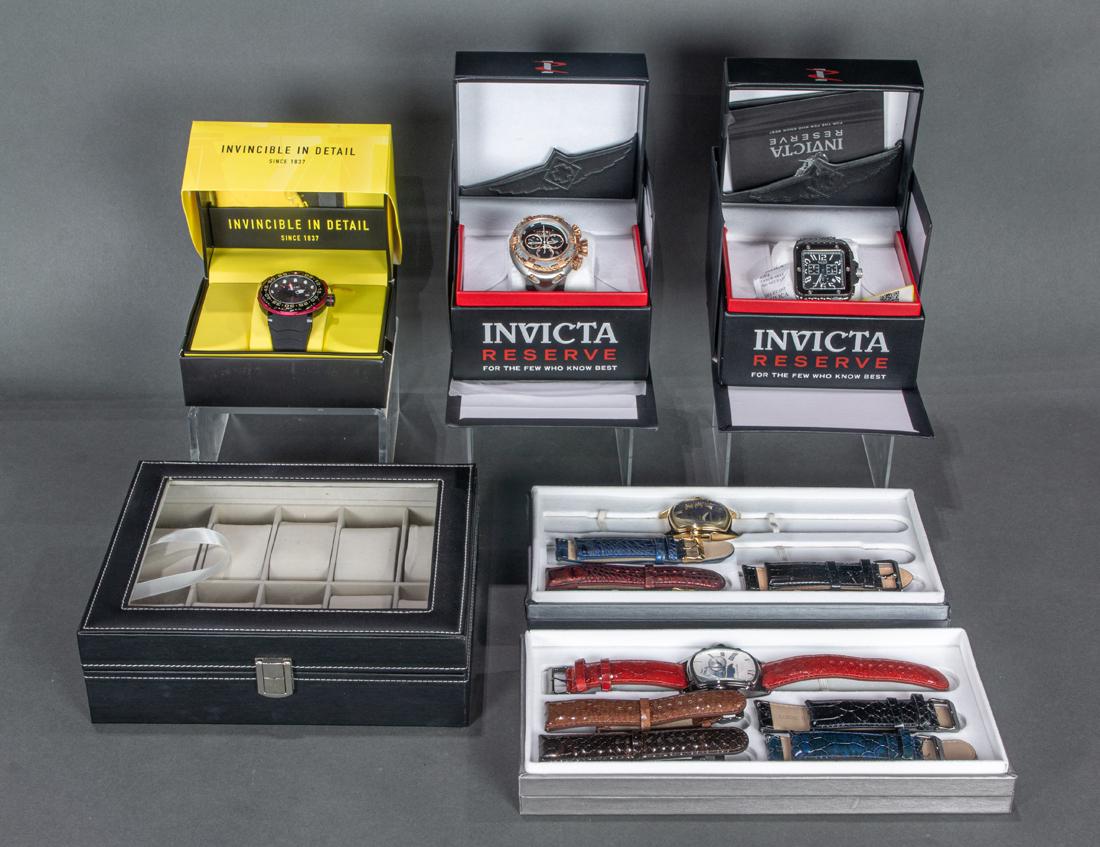 Collection of boxed Invicta watches: Collection of boxed Invicta watches, including two limited edition, two reserve, and one Invicta automatic, all in presentation boxes, together with one associated watch display box [lot of 6]