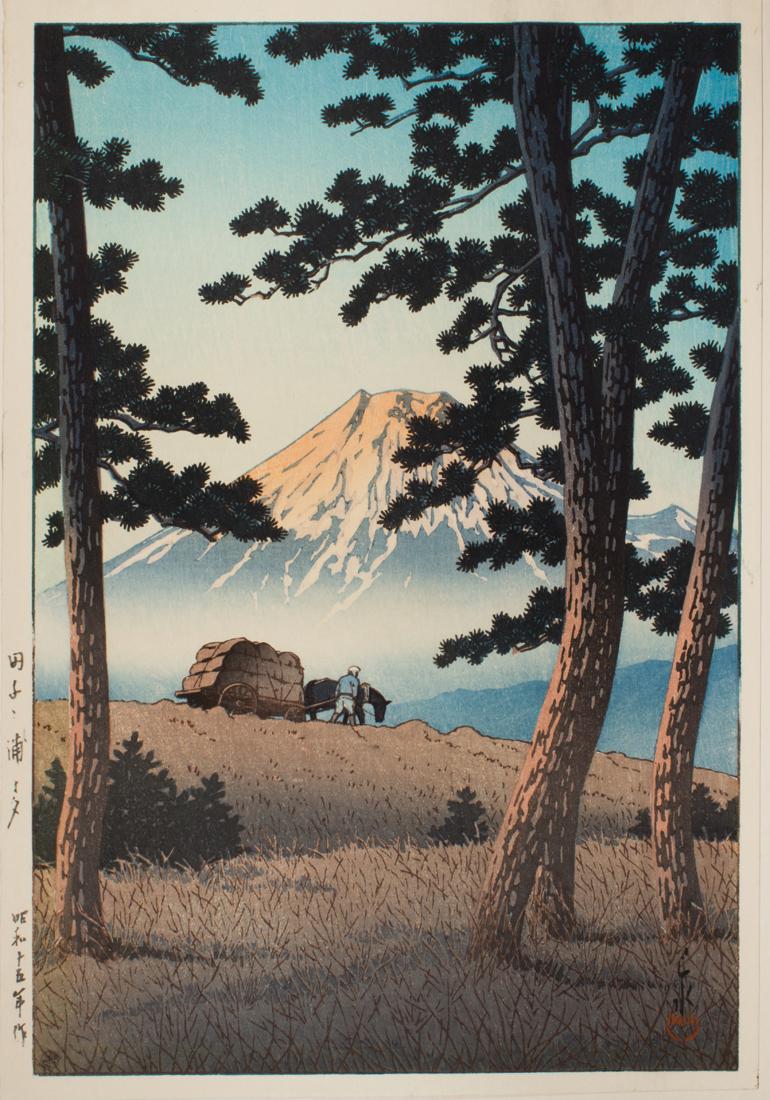 Kawase Hasui - Dusk at Tagonoura: Kawase Hasui - Dusk at Tagonoura, woodblock print, 1940, published by The S. Watanabe Color Print Co., with the 6mm seal, 15.375" x 10.25".