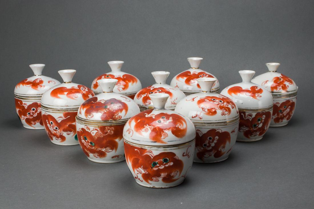 (lot of 10) Chinese iron-red painted 'lion' lidded jars (1 of 3)