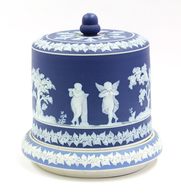 Samuel Lear jasperware cheese dome: Large Royal Blue Jasperware cheese dome and underplate, third quarter 19th century, executed in the Neoclassical manner of Wedgwood, of circular form and having a grape and vine border flanking the My