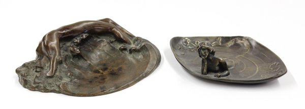 Art Nouveau bronze tray group: (lot of 2) Art Nouveau bronze tray group, one depicting a mermaid emerging form the sea, surrounded with lily pods , base marked 319, 7''w, one depicting a water nymph, reclining upon crashing waves, 