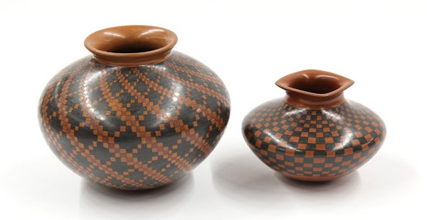 Mata Ortiz pottery group: Mata Ortiz pottery group consisting of a monochrome decorated pot having a square outswept rim by Yoly Ledezma 3.5''h, and a polychrome decorated pot decorated by Lucy Mora 5''h Provenance: Estate of 