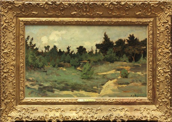 Painting, Adrian Josef Heymans, Landscape: Framed oil on canvas, Landscape, by Adriaan Josef Heymans (Belgian, 1839-1921), signed ''A.J. Heymans'' lower right, Ach. Van Loo Gallery, Brussels, Belgium label affixed verso, canvas: 20.75''h x 12.
