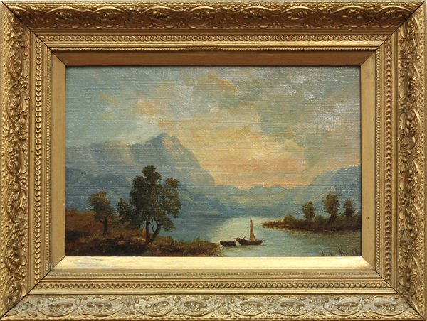 Painting, John Williamson, Echo Lake: Framed oil on panel, Study of Echo Lake, White Mountains, New Hampshire,'' circa 1860s/70s, by John Williamson (American, 1826-1885), signed in pencil verso, panel: 8''h x 12''w, overall: 11.5''h x 16