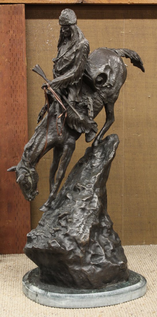 Bronze, after Frederic Remington, Mountain Man: Bronze sculpture, ''Mountain Man,'' after Frederic Remington (American, 1861-1909), bears signature ''Copyright Frederic Remington,'' numbered edition ''3/25'' lower right, overall: 28''h x 18.5''w x 
