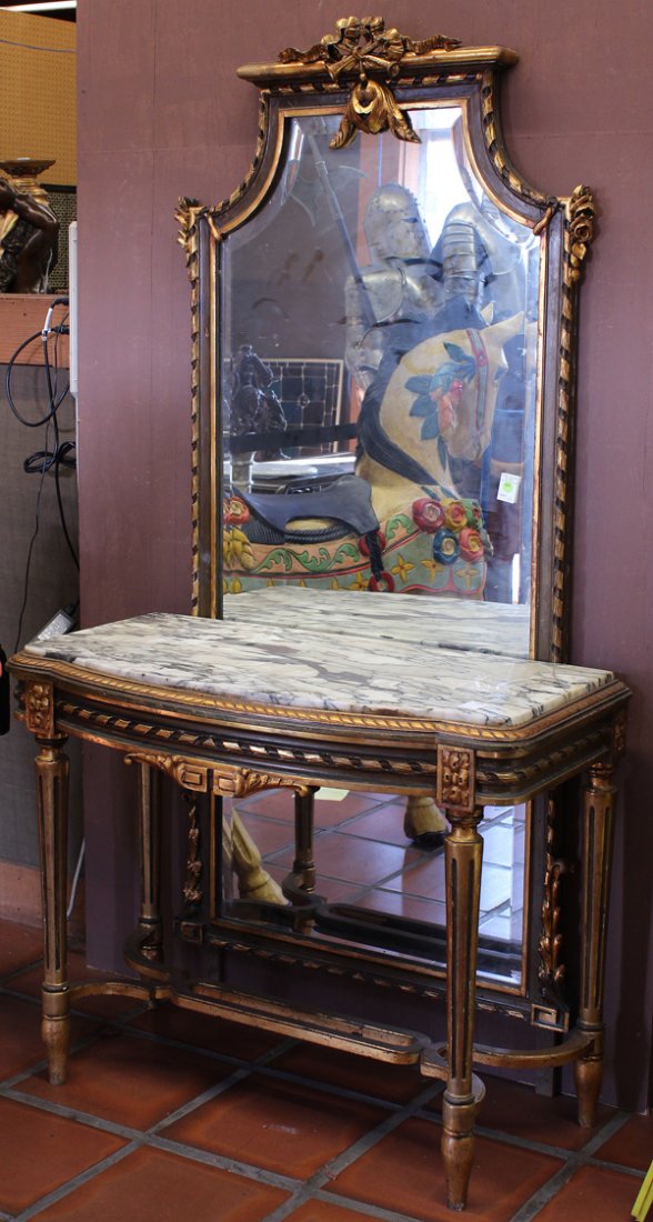 Neoclassical pier mirrror: Neoclassical style marble top pier table with mirror, having a giltwood carved ribbon form crest above the bevelled looking glass flanked with rosette decorated pilasters continuing to the acanthus de