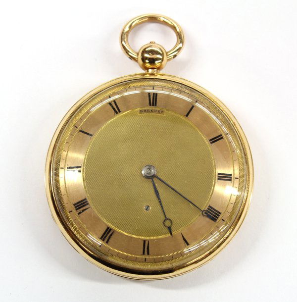 Yellow gold Bruguet repeater pocket watch keywind: Open faced Bruguet repeater pocket watch; in 14k yellow gold, 59mm case, having gold toned dial, blued Breguet moon hands, key wind (no key). Dust cover and back case inside stamped: No.13332. Dial an