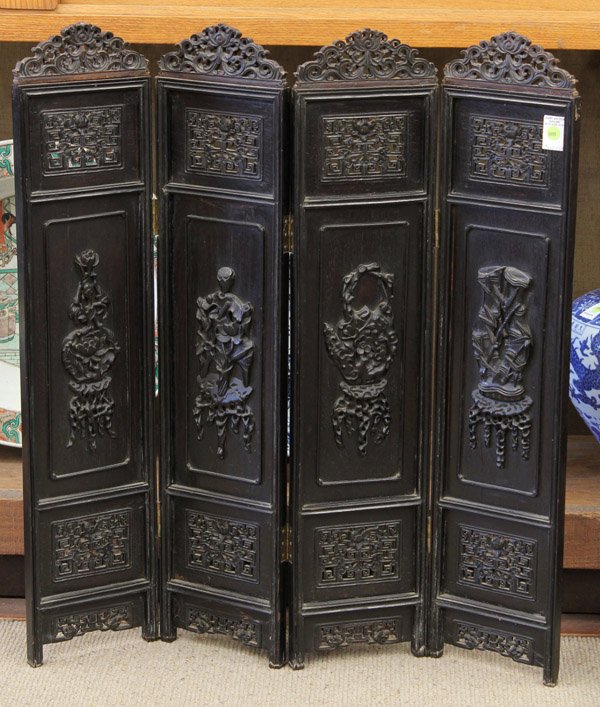 Chinese Small Wood Screen, Vessels: Chinese small four panel folding wood screen, each section with an inset central panel carved with a floral accented vessel raised on rootwood-form stands executed in high relief, flanked by small ope