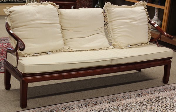 Chinese Hardwood Settee and Chairs: (Lot of 5) Chinese rosewood living room suite, consisting of one settee and four chairs, each with a back rail suspending a narrow back splat carved with a shou medallion and the scrolling arms accent