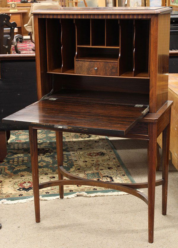 French Art Deco Secretary Abbatant: French Art Deco secretary abbatant circa 1930 executed in macassar ebony, the inlaid fall front having a relief decorated medallion opening to the fitted interior having a single drawer above the two