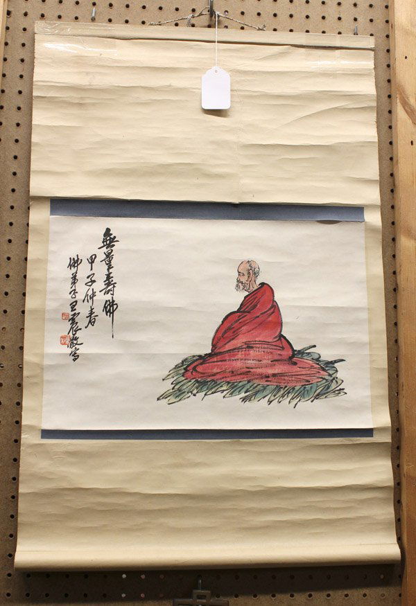 Chinese Scroll, Wang Zhen (after), Amitabha: Chinese hanging scroll, Amitabha (Amituo Fo), after Wang Zhen (1908-1993), the left inscribed with date 'jiazi' spring, bearing signature 'Wang Zhen', painting: 11.75''h x 18''w, overall: 30.75''h x 2