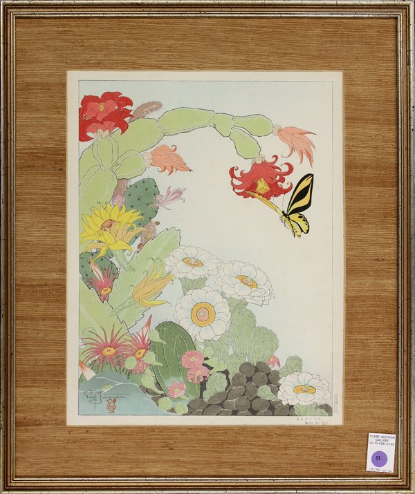 Japanese Woodblock Print, Paul Jacoulet: Framed Japanese oversize woodblock print, by Paul Jacoulet (1902-1960), entitled Cactus. Mers du Sud [M 79], signed in pencil lower left and with sparrow seal, published 20 November 1941, edition nota