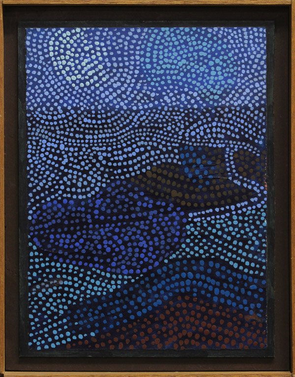Painting, John C. Wright: Framed oil board (mounted), ''Lunarscape,'' 1974, by John C. Wright (American, 20th century), signed verso, title label affixed verso, overall: 15.25''h x 12''w. Provenance: Art Collection of Curley F