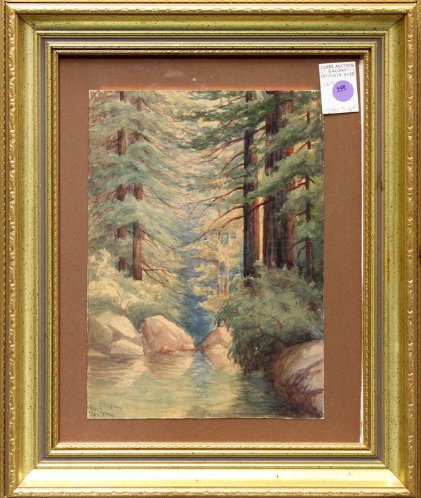 Watercolor, Manner of Lorenzo Latimer, Redwoods: Framed watercolor, Redwoods, 1937, California School, in the manner of Lorenzo P. Latimer, signed ''M. Shugren'' lower left, overall: 17''h x 14''w