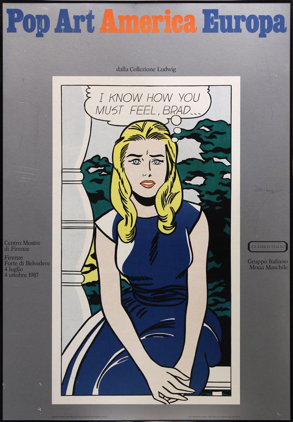 Poster, After Roy Lichtenstein, I Know Brad: Framed exhibition poster, Pop Art America Europa, Centro Mostre di Firenze, 1987, featuring Roy Lichtenstein's image ''I Know...Brad,'' overall: 38.5''h x 27''w