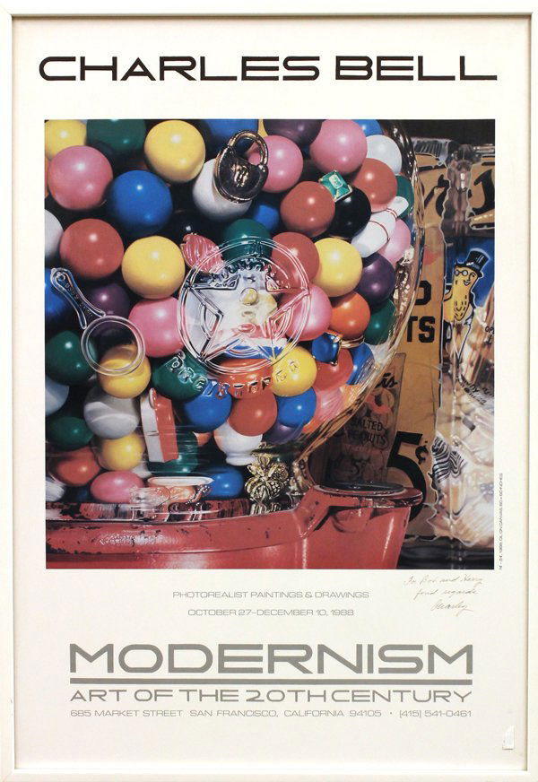 Exhibition Poster, Charles Bell, Modernism: Framed exhibition poster, Charles Bell at Modernism, 1988, signed in felt tip pen ''Charles,'' also bears dedication, sight: 31.75''h x 21.75''w, overall: 33''h x 23''w