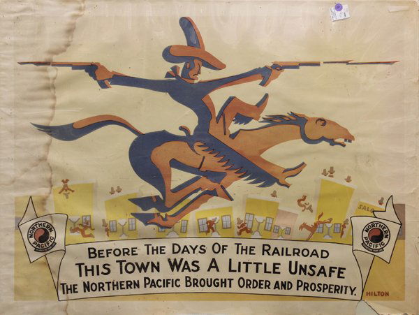 Original Northern Pacific Railroad Posters: (Lot of 2) Framed original lithograph advertising posters, Northern Pacific Railroad, including ''Yellowstone National Park,'' based on a painting by Thomas Moran, and Cowboy, signed ''Hilton'' within