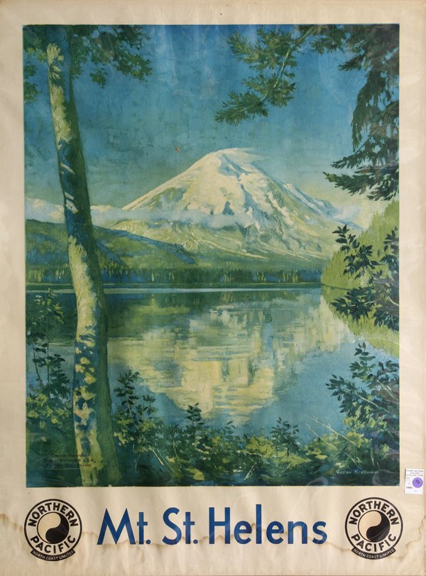 Original Northern Pacific Railroad Posters: (Lot of 2) Framed original lithograph advertising posters, Northern Pacific Railroad, including ''Lewis and Clark,'' signed ''Hilton'' within print, ''Mount St. Helens,'' signed Gustav Krollmann withi