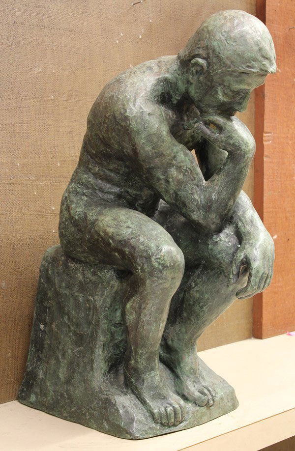 Bronze, after Auguste Rodin: Bronze sculpture, Le Penseur, after Auguste Rodin (French, 1840-1917), overall: 20.25''h x 9.5''w x 15''d. Provenance: Estate of Rebecca and Seymour Fromer (founder of the Judah Magnes Museum, Berkele