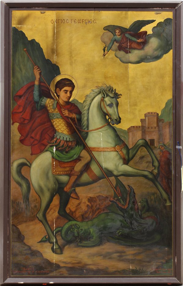 Greek icon, Saint George Slaying the Dragon, 1922: Framed oil on wood panel, Saint George Slaying the Dragon, 1922, Greek School (20th century), signed indistinctly lower right, inscribed and dated ''Athens 1922'' lower right, sight: 46.25''w x 28.75'