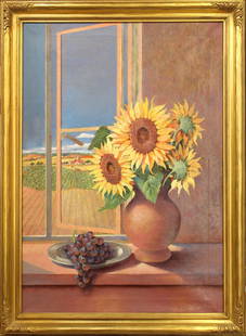 Painting, Anton van Dalen: Framed oil on canvas, Window View of a Vineyard with Sunflowers and Grapes, by Anton van Dalen (Dutch, 20th century), signed lower right, sight: 33.75''h x 46''w, overall: 28.25''h x 40.25''w