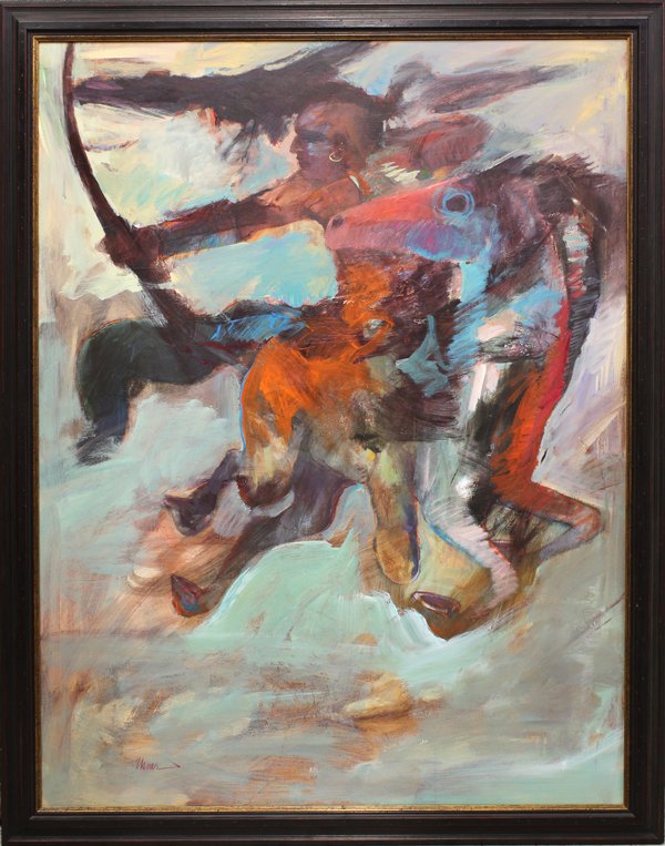 Painting, Arturo Antonio Chavez Usner, War Horse: Framed acrylic on canvas, ''War Horse,'' by Arturo Antonio Chavez (formerly Usner) (American, b. 1949), signed ''Usner'' lower left, canvas: 60''h x 46''w, overall: 67''h x 53''w. Provenance: Salinas,
