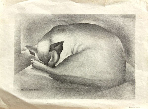 Lithograph, Ivan Messenger, Sleeping Cat: Unframed lithograph, Sleeping Cat, by Ivan Messenger (Californian, 1895-1983), estate stamp lower right, signature within print, blind stamp lower left, paper: 12.5''h x 17''w