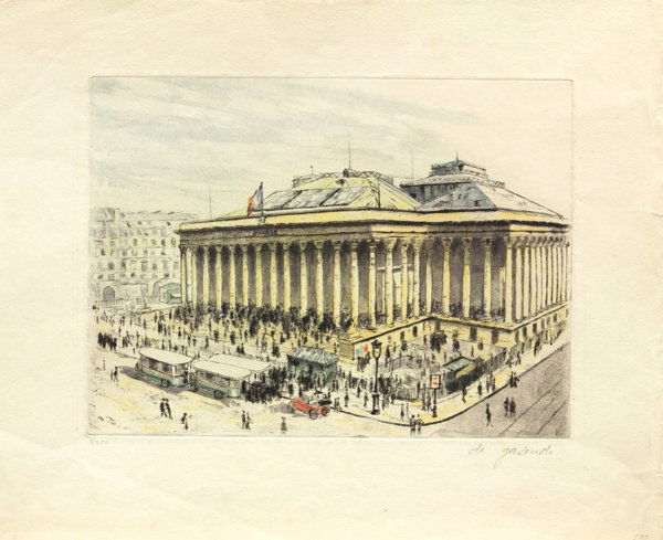 Woodcuts, Etchings, De Gasendi, Margaret Dormann: (Lot of 5) Unframed lithograph, ''Cobbled Street with Spire,'' 1933, by Ernest Exlund, inscribed, dated and signed in pencil ''To Albert Bender from Ernest Exlund, 1933'' lower left, unframed etching