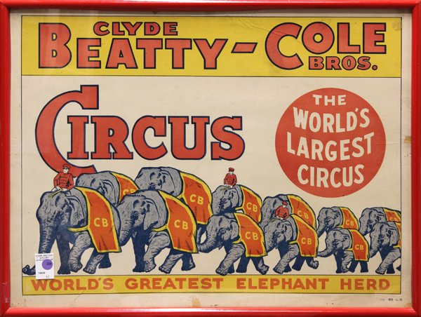 Circus Poster, Beatty and Cole: Framed original lithograph poster, Clyde Beatty and Cole Brothers, ''No. 89 CB'' lower right, overall: 22''h x 29''w