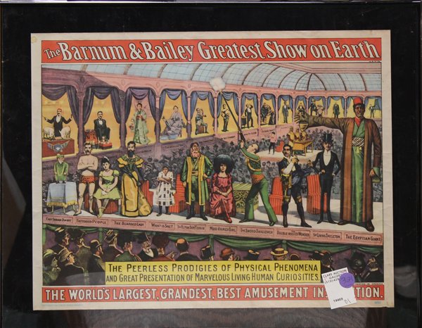 Barnum and Bailey circus lobby cards: (Lot of 2) Framed Ringing Brothers, Barnum and Bailey lobby cards, Army of 50 Clowns and The Peerless Prodigies of Physical Phenomena, 1960, largest overall: 16''h x 20''w