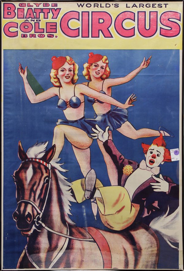 Original Circus Poster, Clyde Beatty Cole Bros.: (Lot of 2)Framed and unframed original lithograph circus posters, ''Clyde Beatty and Cole Bros.,'' largest overall: 41.75''h x 28''w