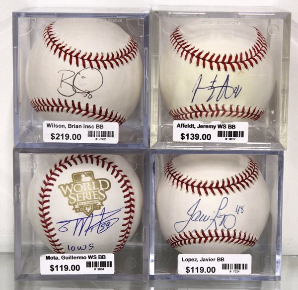 Set of four autographed baseballs SF Giants: (lot of 4) Set of four autographed baseballs including Brian Wilson, Javier Lopez, Jeremy Affeldt, Guiellermo Motz, all with certificate