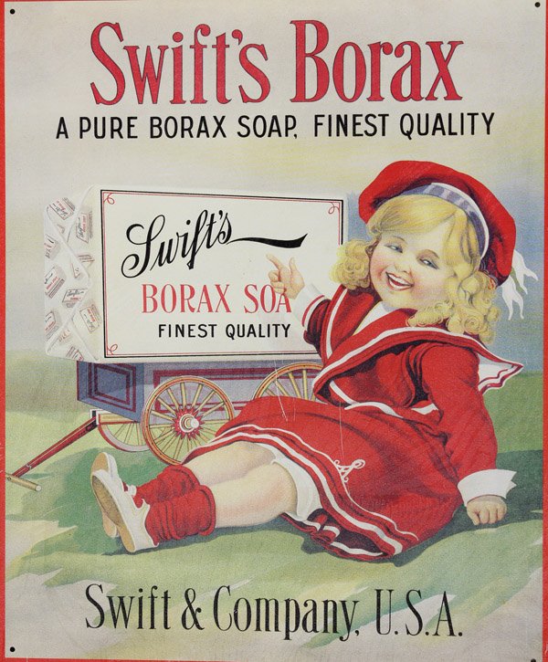 Enameled metal advertisment signs: Box of enameled metal advertising signs, 1920s style, mostly related to trains, including Harley Davidson, Evinrude, Schwinn, Nehi, Coke, Wrigley, Swift's Borax, etc.